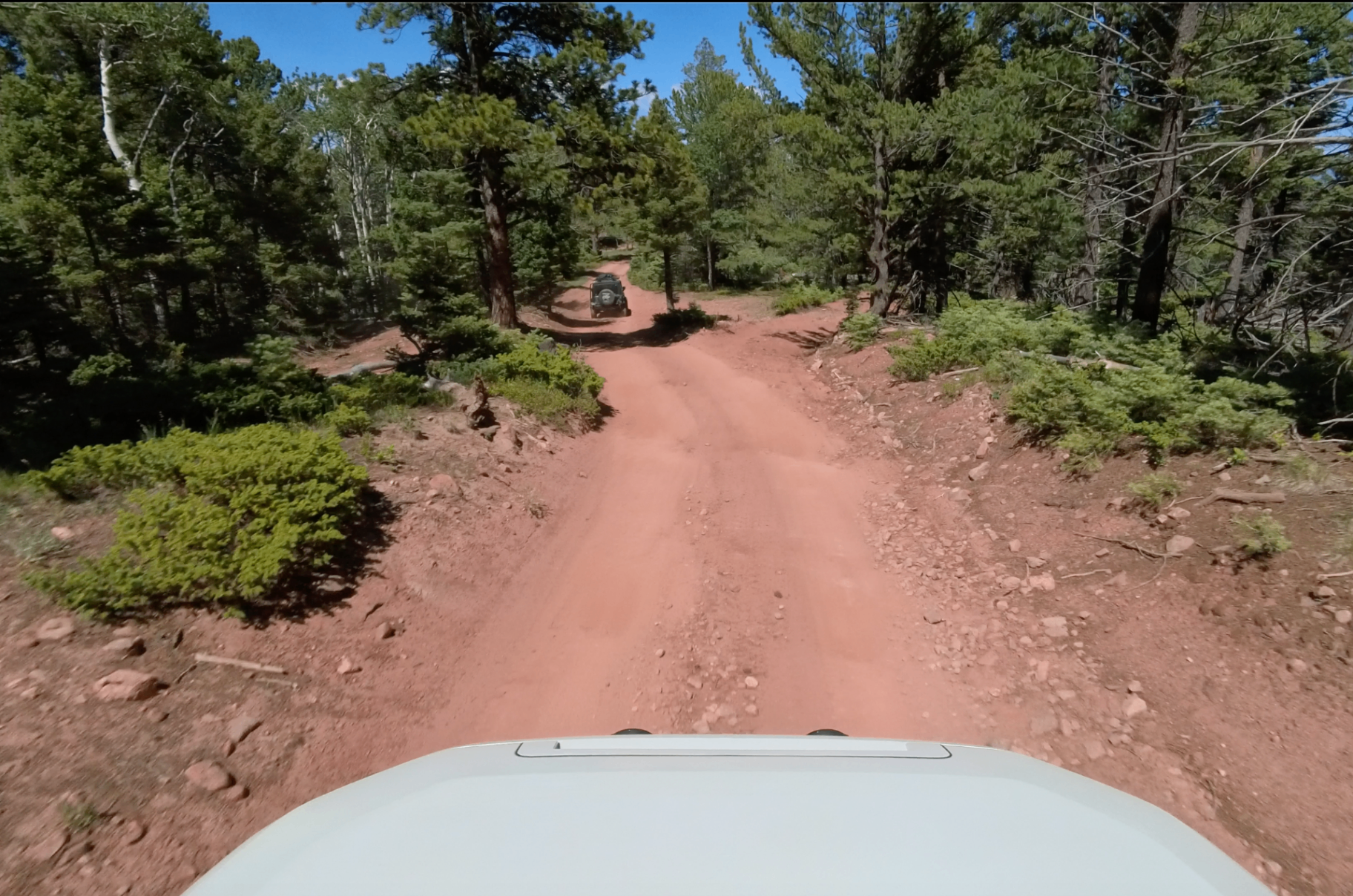 Following another rig along a red dirt forest road on the way through the pass.