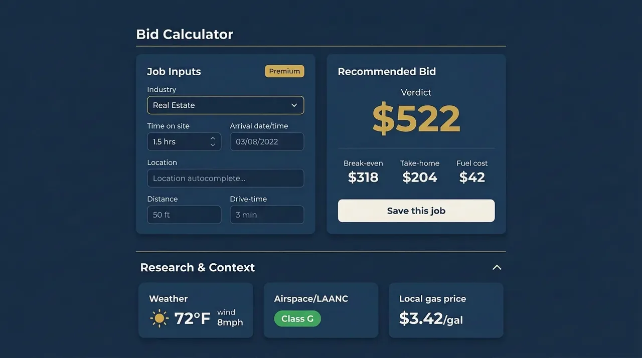 Rotor Rate Pricing Calculator showing a $522 recommended price alongside Job Inputs, with a Research & Context panel below covering weather, airspace/LAANC, and local gas price.